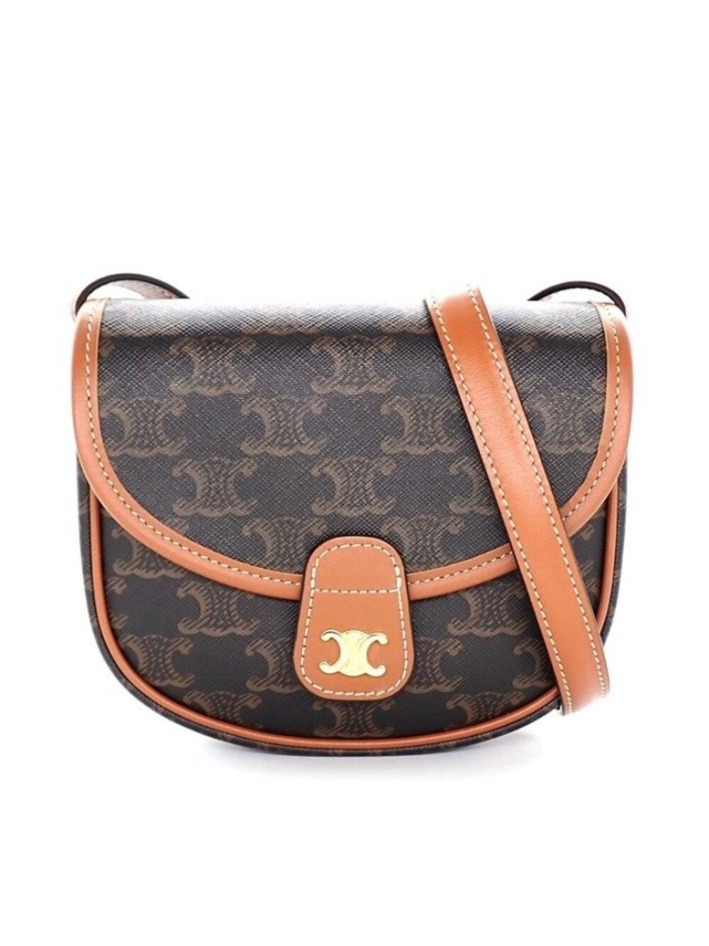 Celine Shoulder Bag Besace Mini Tan Triomphe Canvas Calfskin Gold